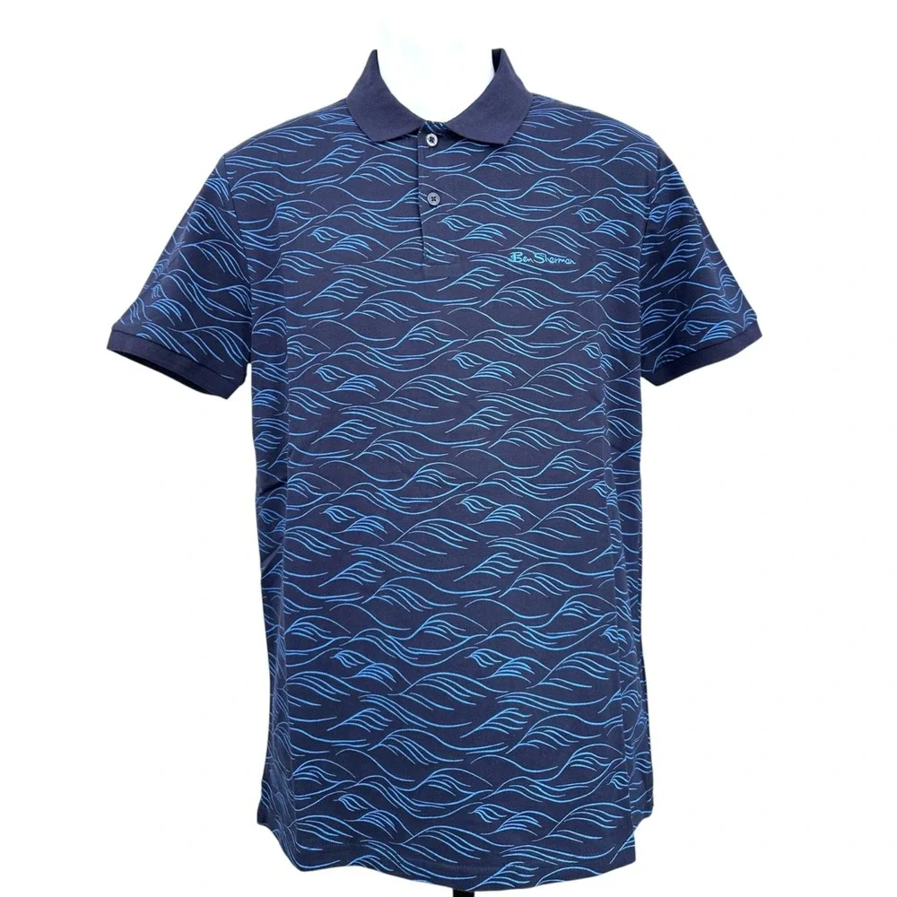 Ben Sherman Polo Shirt Short Sleeve Marine Blue Wave Men's Small Regular Fit NWT